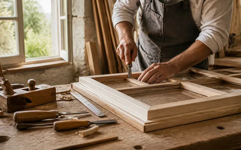 Artisan façonnant une menuiserie en bois dans son atelier