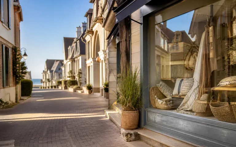 Boutique indépendante dans une rue lumineuse du littoral normand