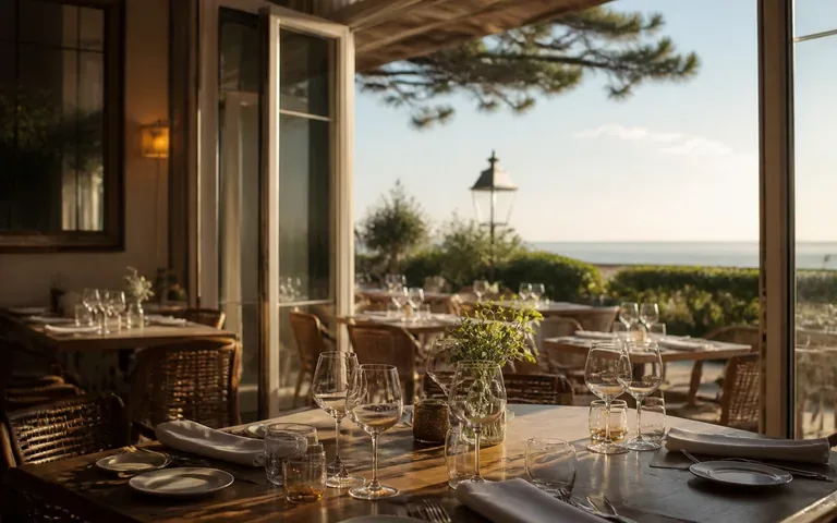 Salle de restaurant lumineuse avec terrasse, ambiance Côte Fleurie